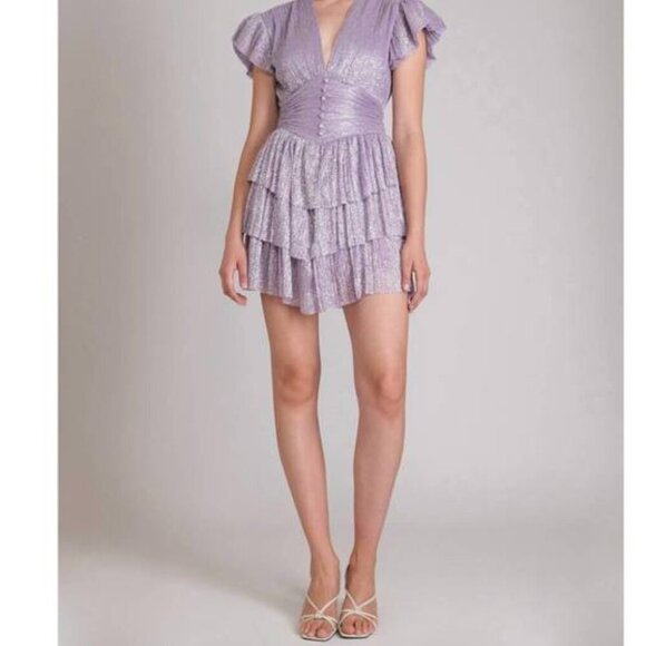 Sabina Musayev Devon Dress Mini Short Sleeve Metallic Lilac Purple New Size XS - Picture 2 of 11